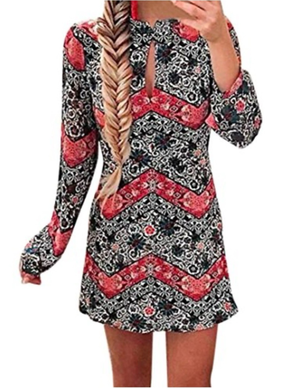 Express Red & Black Chevron Floral Long Sleeve Mini Dress
